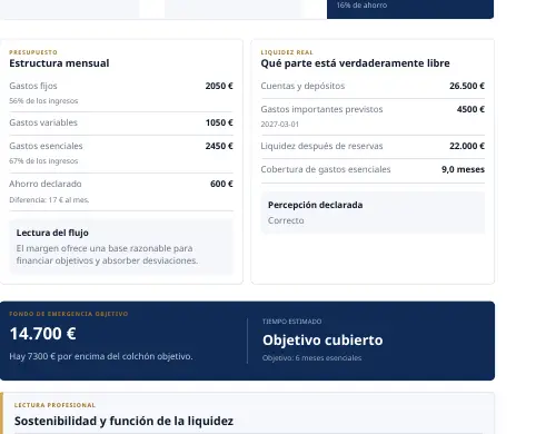 Página de muestra de la Radiografía Financiera: Flujo y liquidez